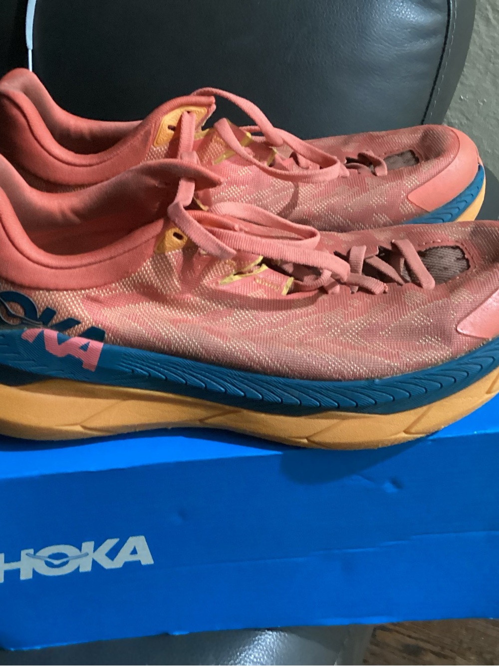Hoka One One Coral Pink and Blue Athletic Running Shoes